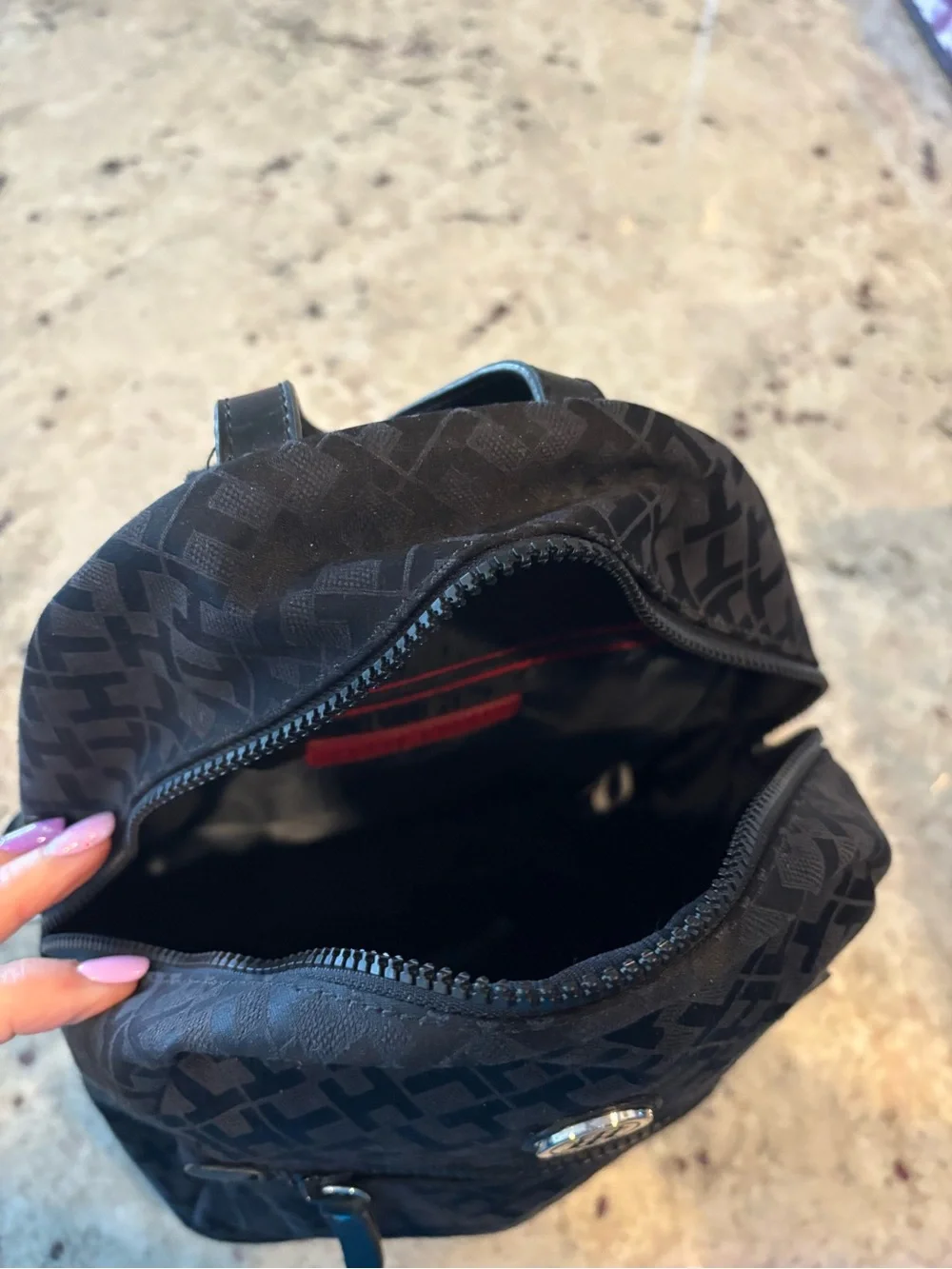 Tommy Hilfiger Black Monogram Mini Backpack with Front Zip